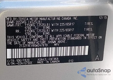 2016 Toyota Rav4 Le из США, поврежденный, VIN 2T3ZFREV8GW247819